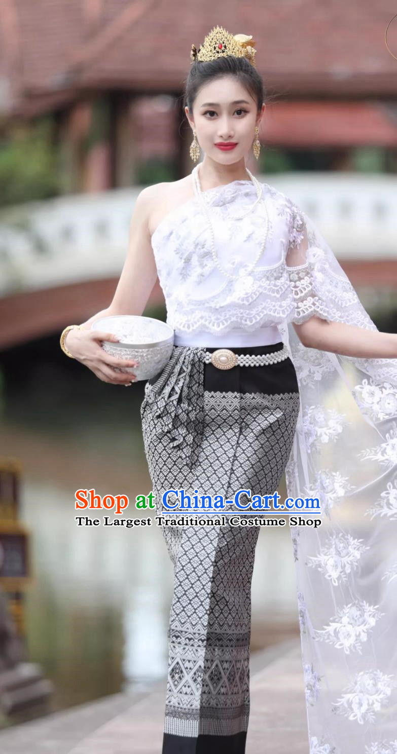 Thai Traditional Clothing Women Suit Oblique One Shoulder Thai Skirt Large Veil