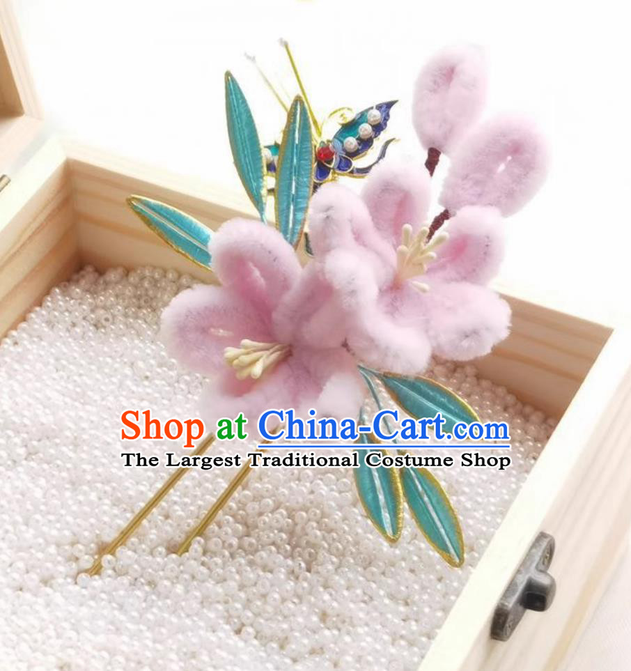 Wrapped Plum Blossom Hair Stick Traditional Headpiece Handmade Hair Jewelry Chinese Hanfu Pink Velvet Flower Hairpin