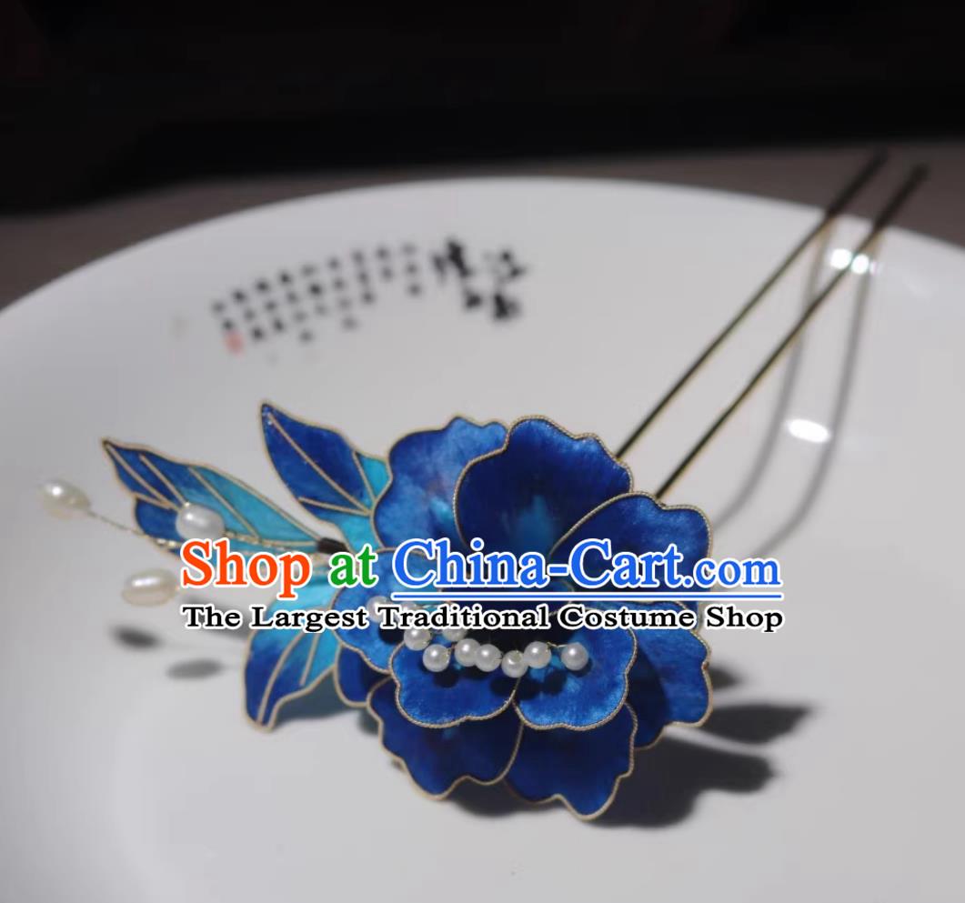 Chinese Silk Royal Blue Camellia Hair Stick Cheongsam Hanfu Headwear Ancient Hair Jewelry Intangible Cultural Heritage Velvet Flower Hairpin