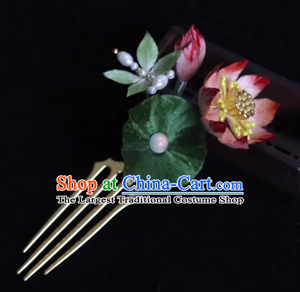 Traditional Hair Comb Intangible Cultural Heritage Handmade Silk Velvet Lotus Flower Hairpin Chinese Hanfu Qipao Hair Jewelry