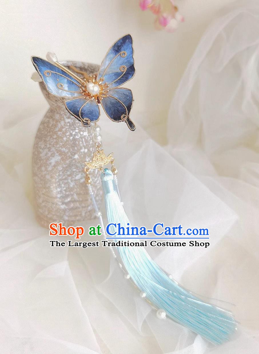 Intangible Cultural Heritage Velvet Silk Blue Butterfly Hairpin Handmade Tassel Hair Clip Chinese Qipao Headpiece Hanfu Hair Accessory
