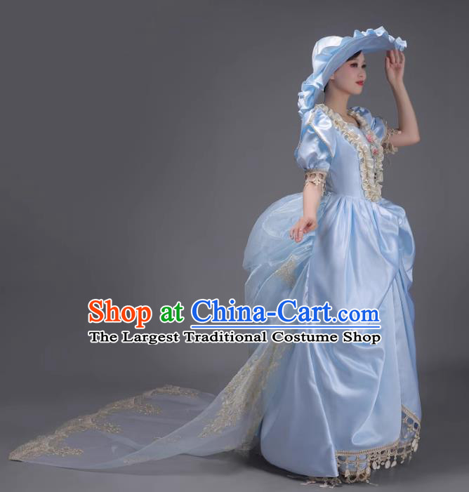 European Runway Show Clothing Court Costume Royal Aristocrats Medieval Retro Princess Blue Taildress