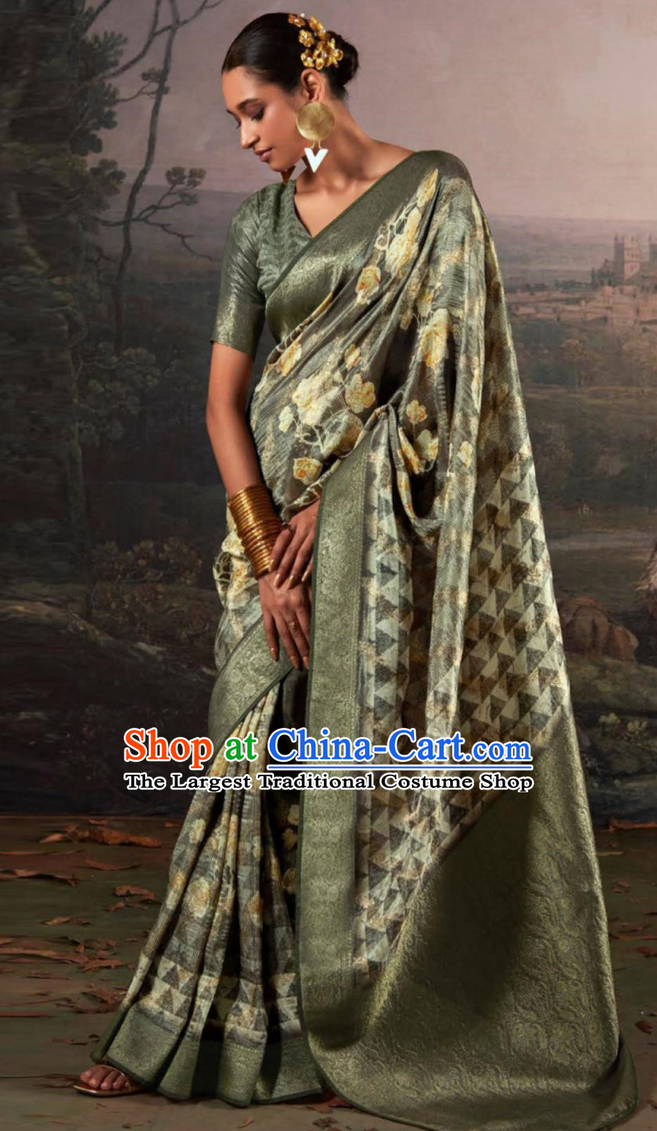 India Women Olive Green Sari Dress Indian National Clothing Traditional Costume