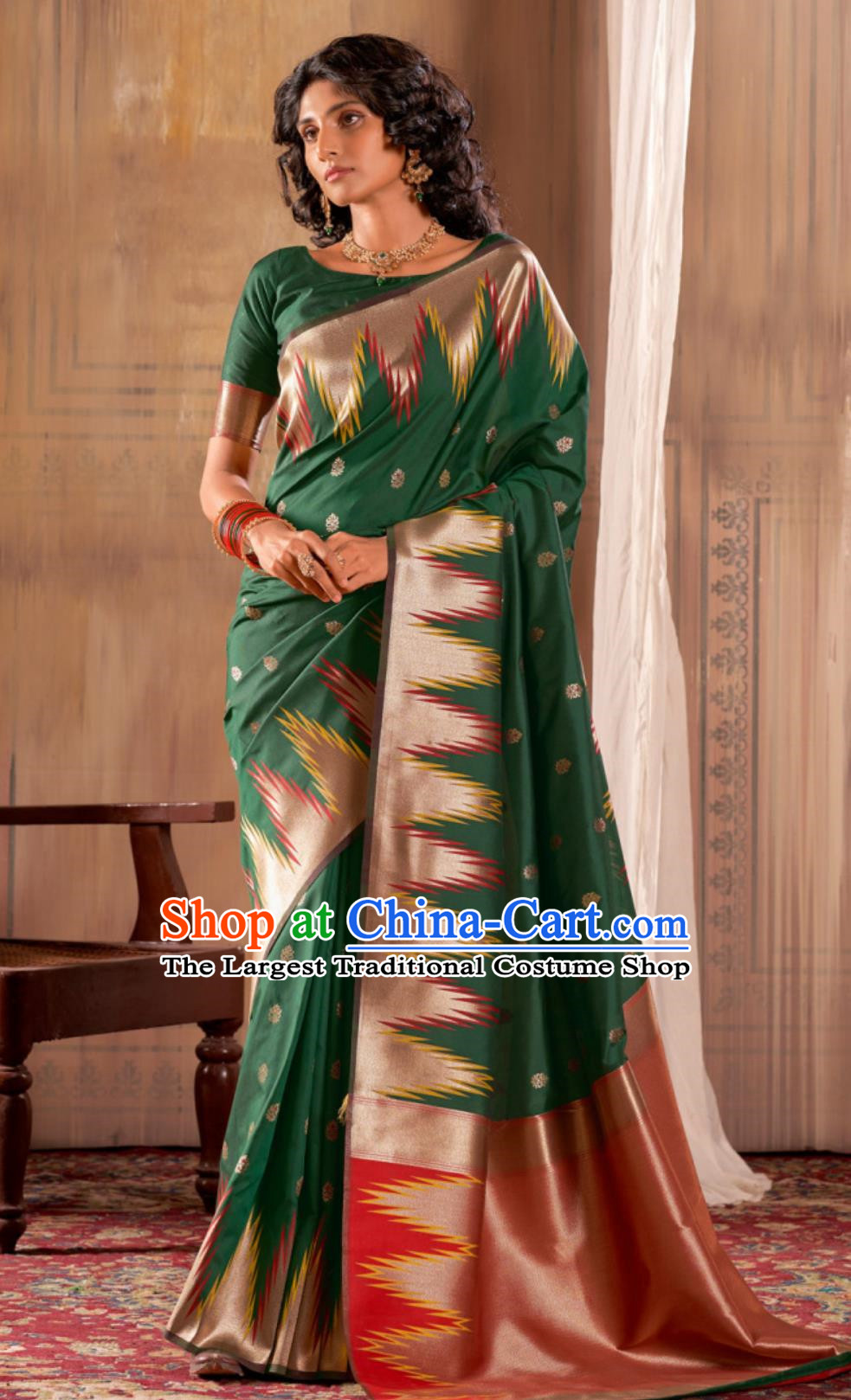 Indian Traditional Court Women Deep Green Sari Dress National Clothing India Festival Fashion