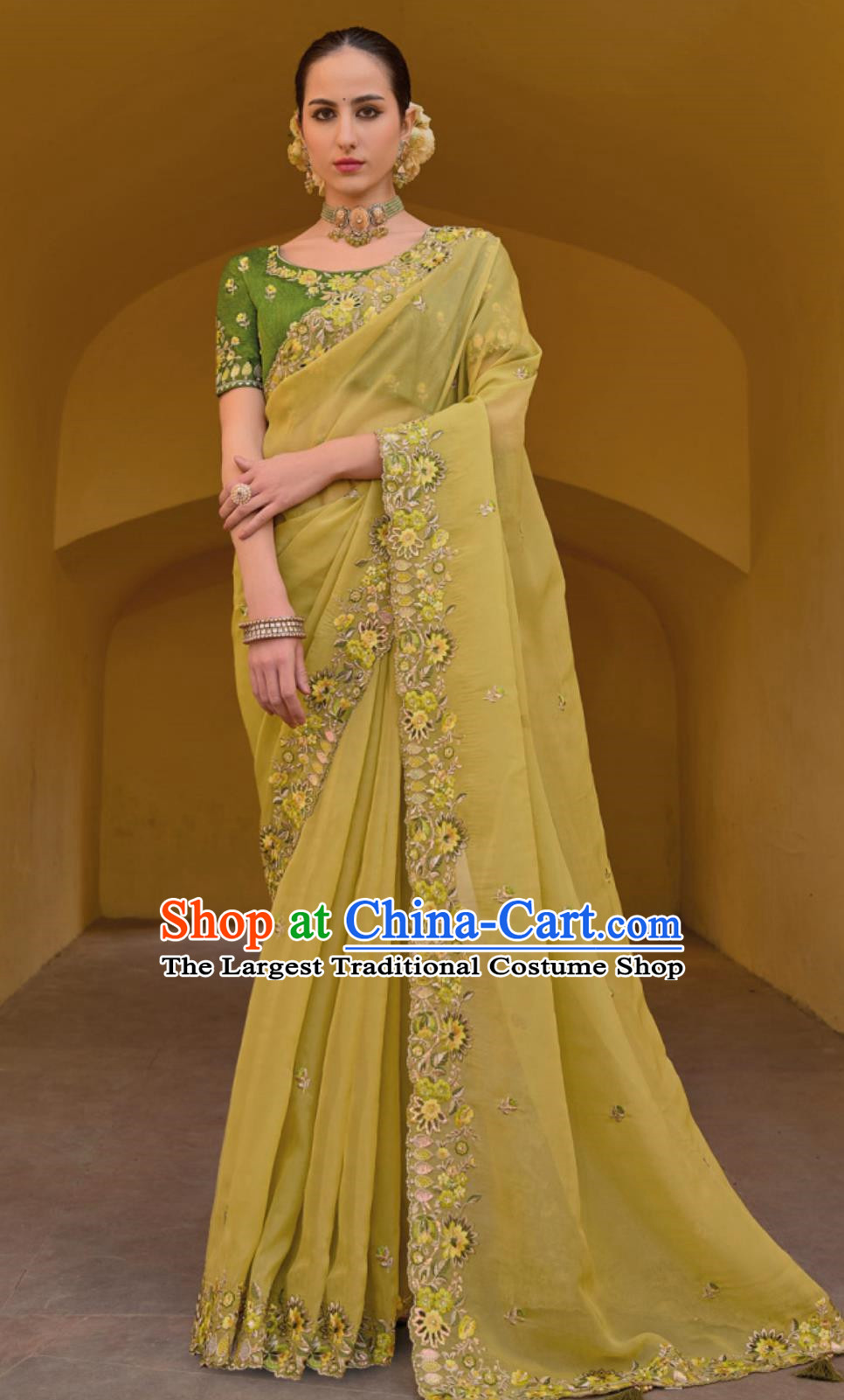 Indian Traditional Festival Fashion Women Embroidered Yellow Sari Dress India National Clothing