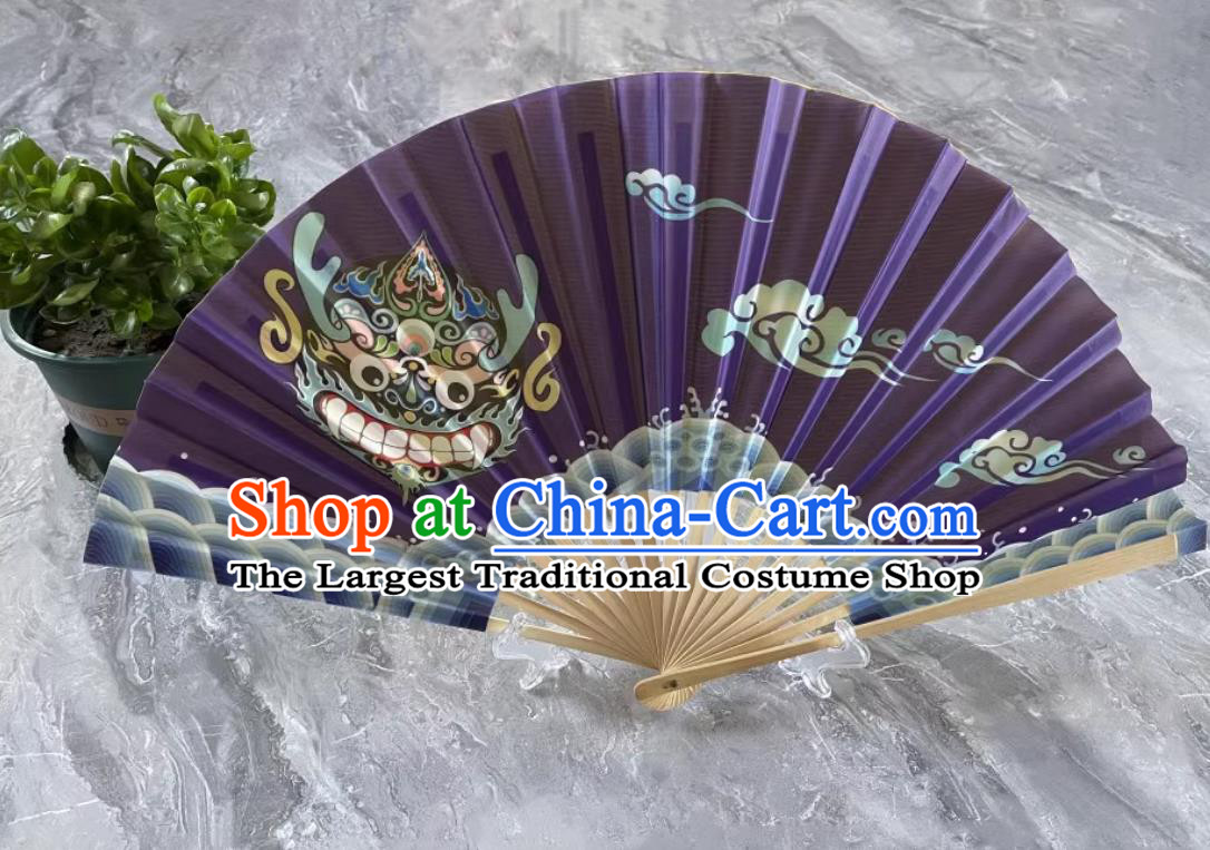 China Bian Lian Fan Sichuan Opera Face Changing Bamboo Fan Handmade Purple Printed Folding Fan