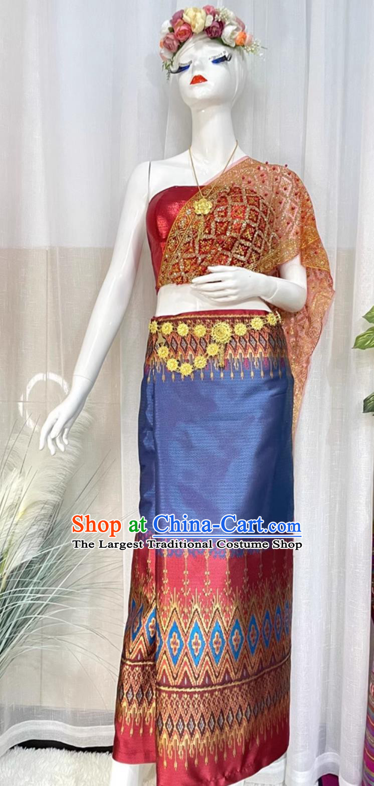 Thailand Traditional Red Top and Skirt Outfit China Dai Ethnic Woman Clothing Xishuangbanna National Minority Costume