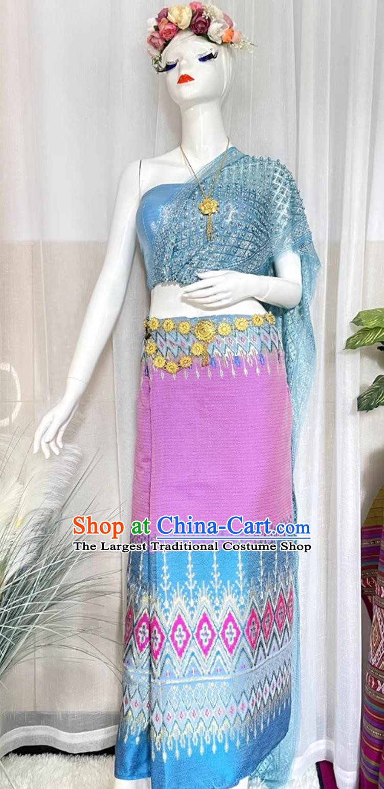China Xishuangbanna National Minority Costume Thailand Traditional Blue Top and Skirt Outfit Dai Ethnic Woman Clothing