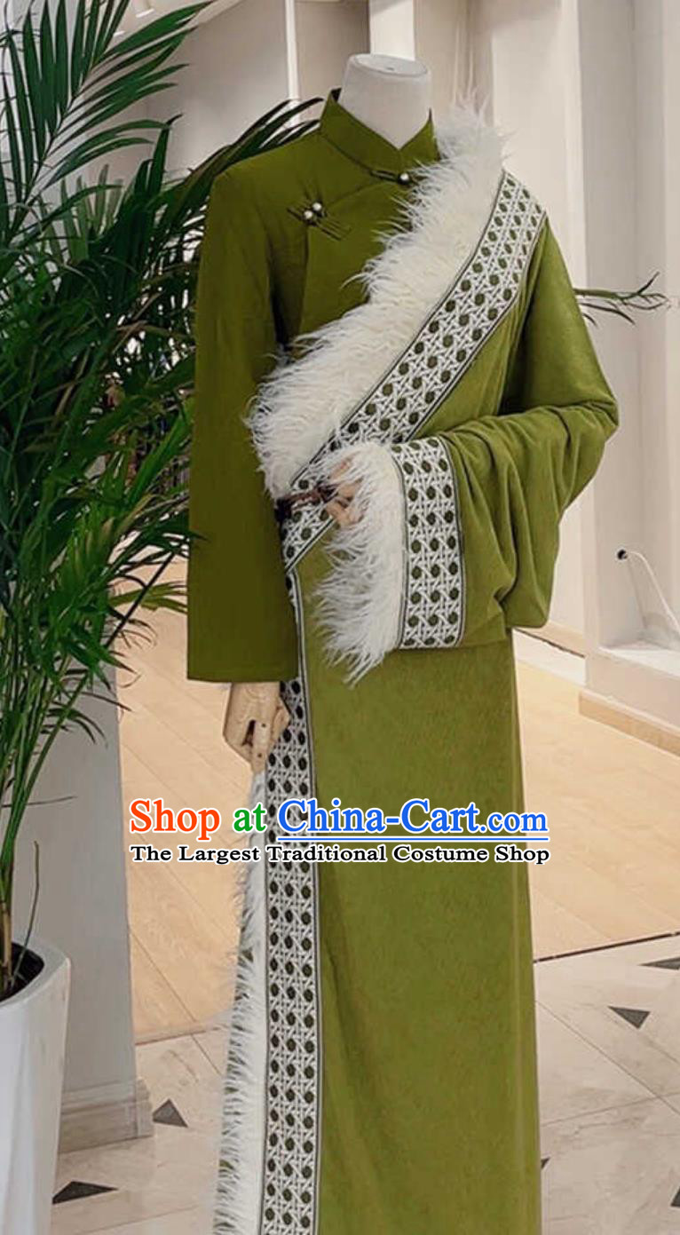 China Xizang Ethnic Performance Clothing Green Tibetan Robe Zang Nationality Woman Costume