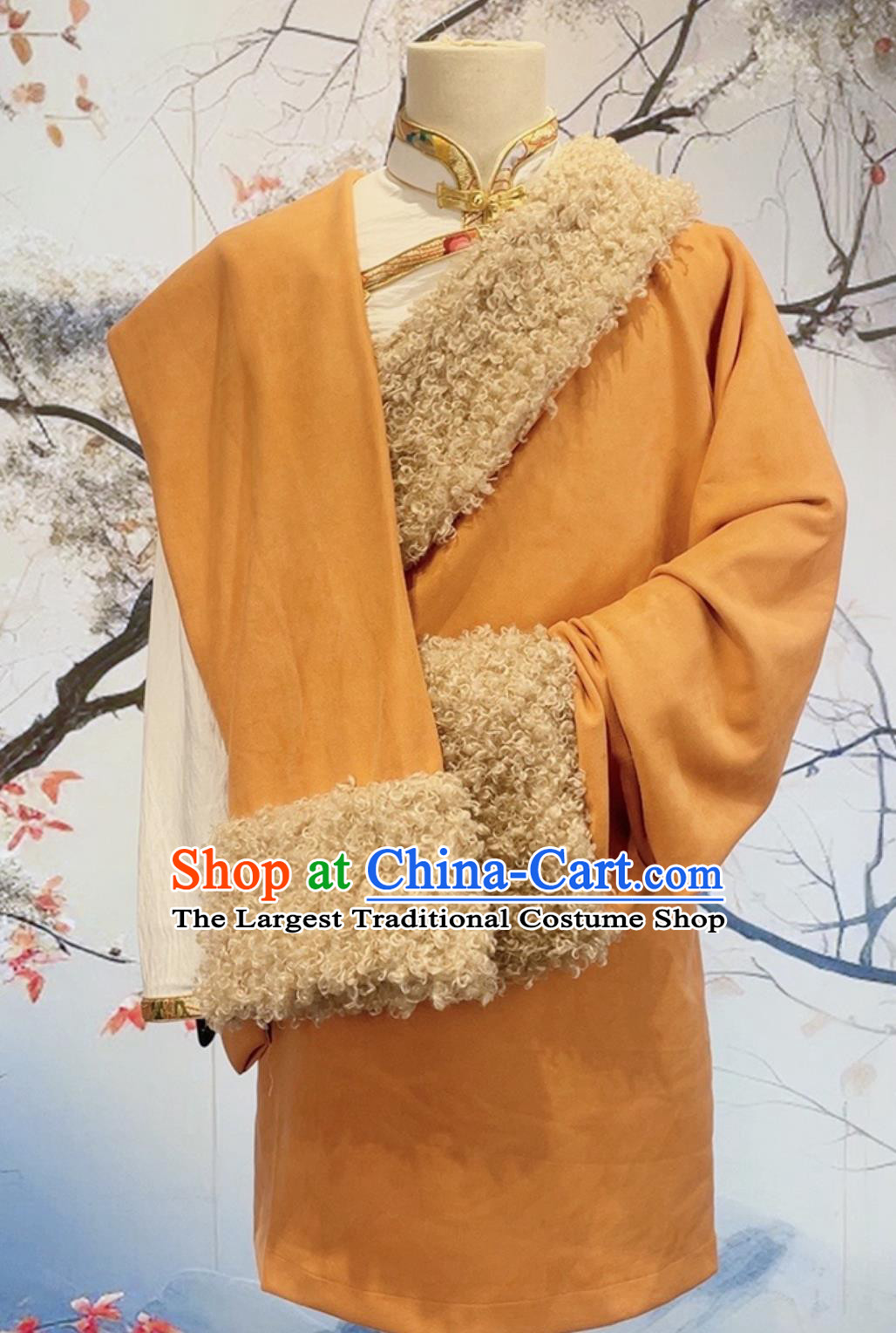 China Zang Nationality Male Winter Costume Xizang Ethnic Stage Performance Clothing Orange Thermal Tibetan Robe