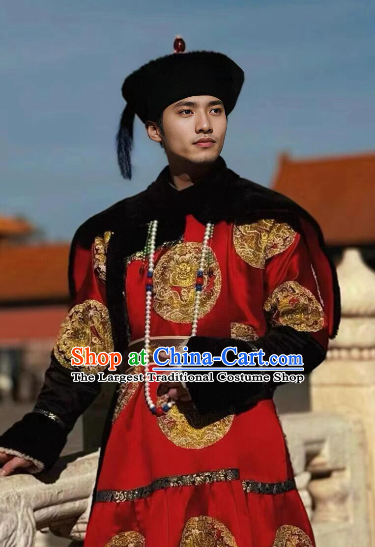 Ancient China Emperor Costume Chinese Qing Dynasty Royal Prince Red Garment Traditional Male Clothing