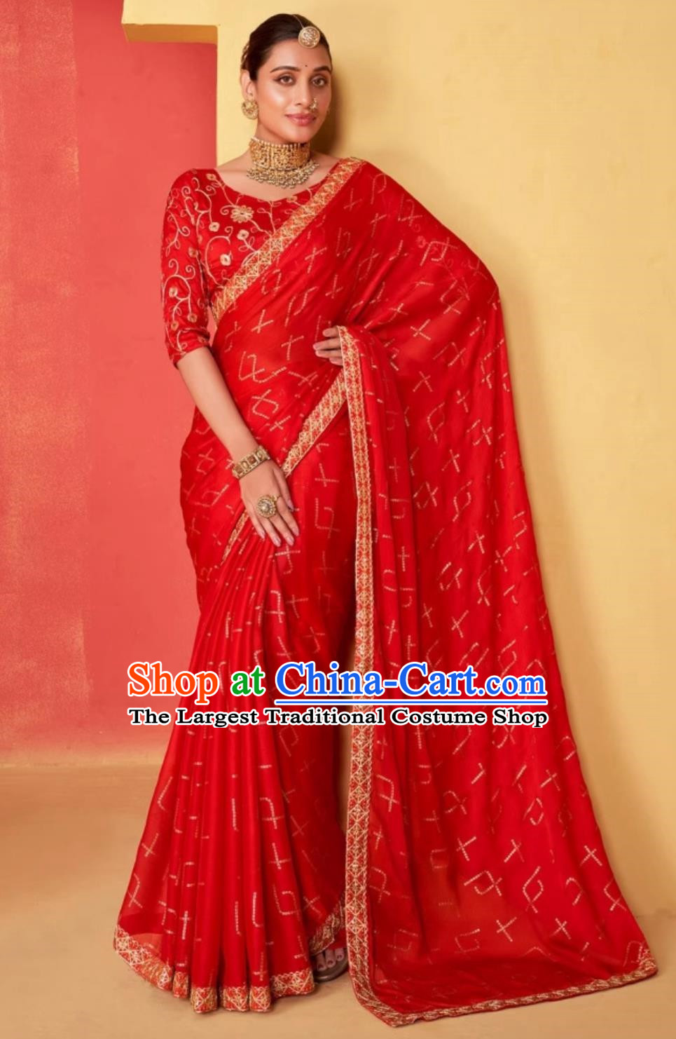 Indian Woman Embroidered Sari India Festival Clothing National Costume Traditional Wedding Red Dress