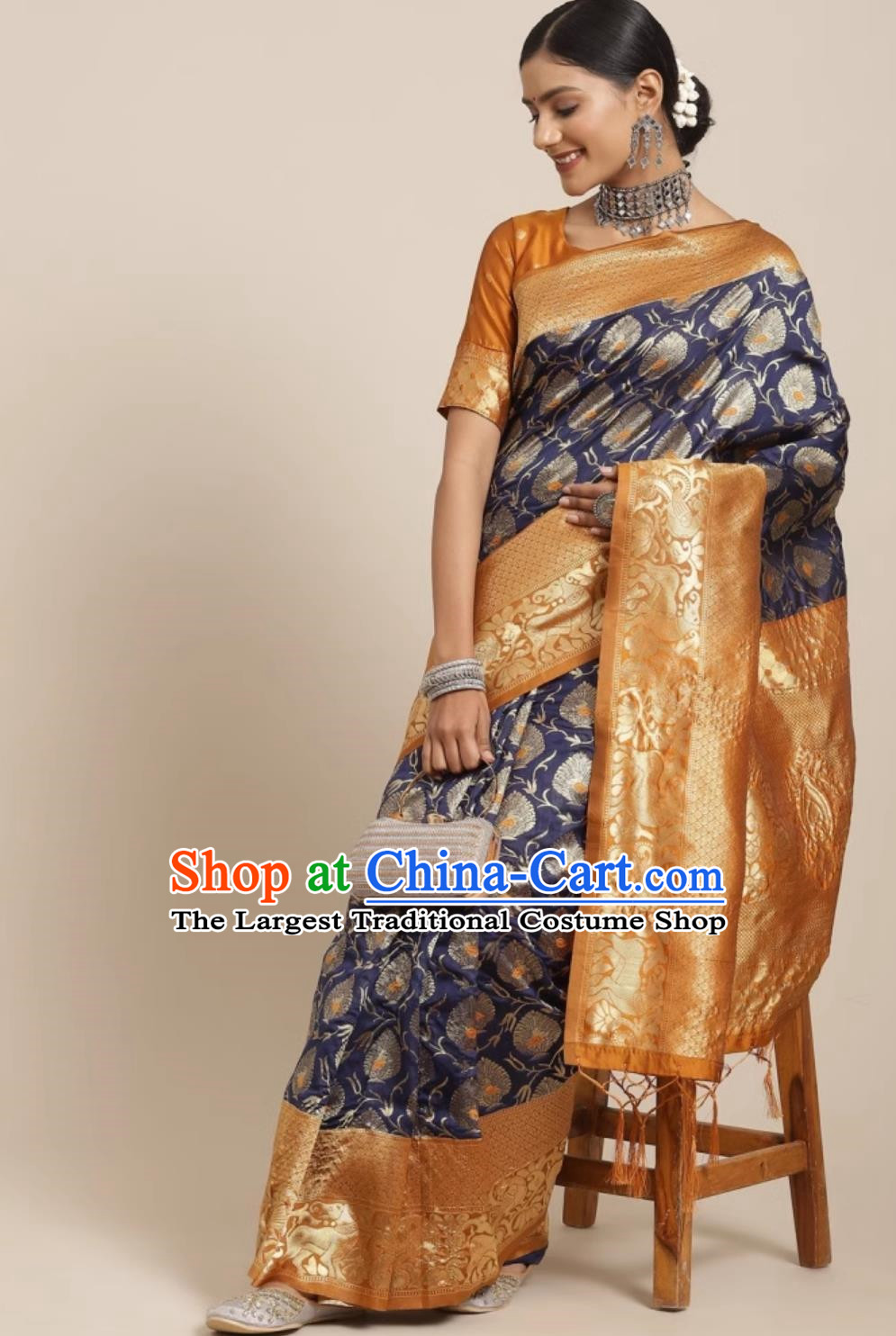 India Festival Clothing National Costume Traditional Dark Blue Dress Indian Woman Sari