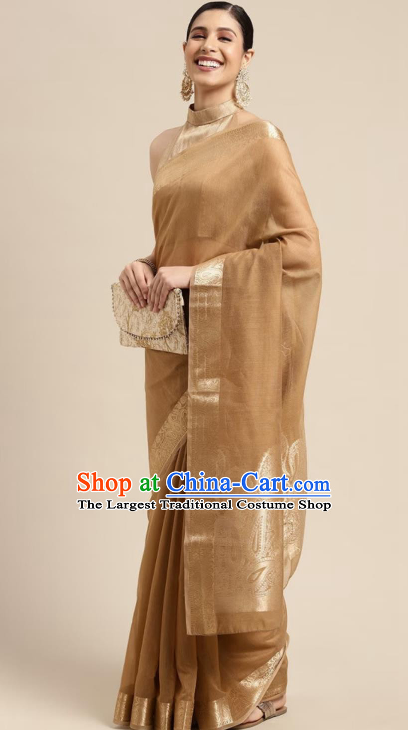 India Woman Costume Indian National Clothing Traditional Festival Dark Golden Sari Dress