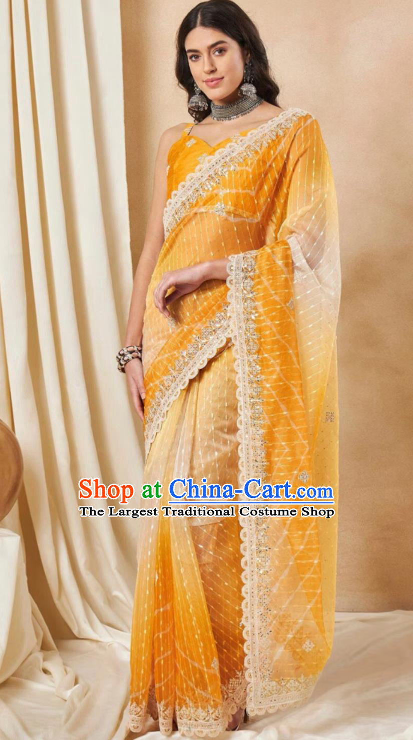Traditional Festival Orange Sari Dress India Woman Embroidery Costume Indian National Clothing