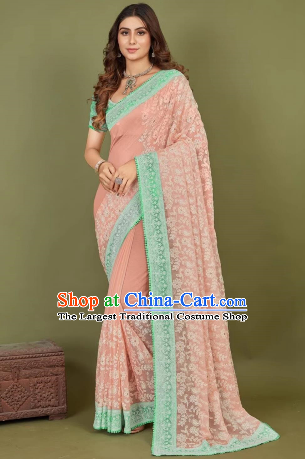 Traditional Festival Peach Pink Embroidered Sari Dress India Woman Summer Costume Indian National Clothing