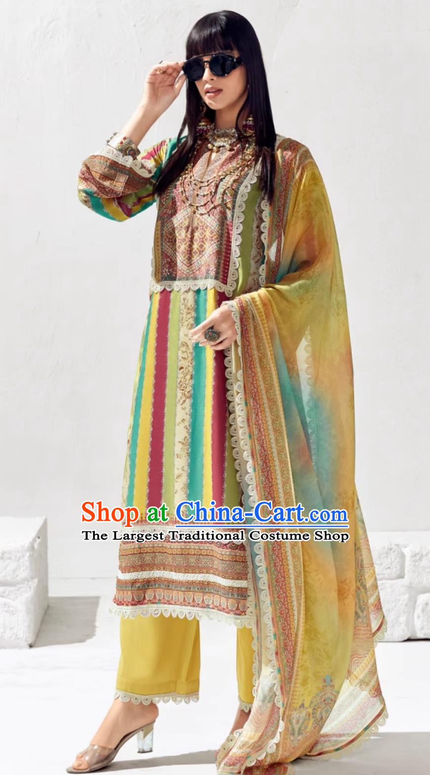 India Traditional Women Clothing Three Piece Set Indian National Costume Yellow Punjabi Outfit