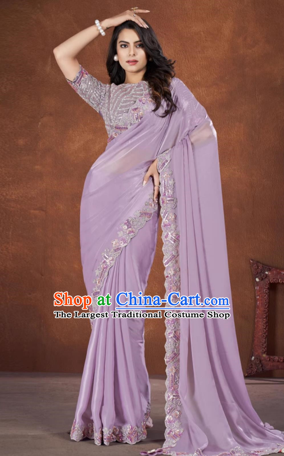 Indian Embroidery Violet Dress Festival Sari National Costume Traditional Women Clothing