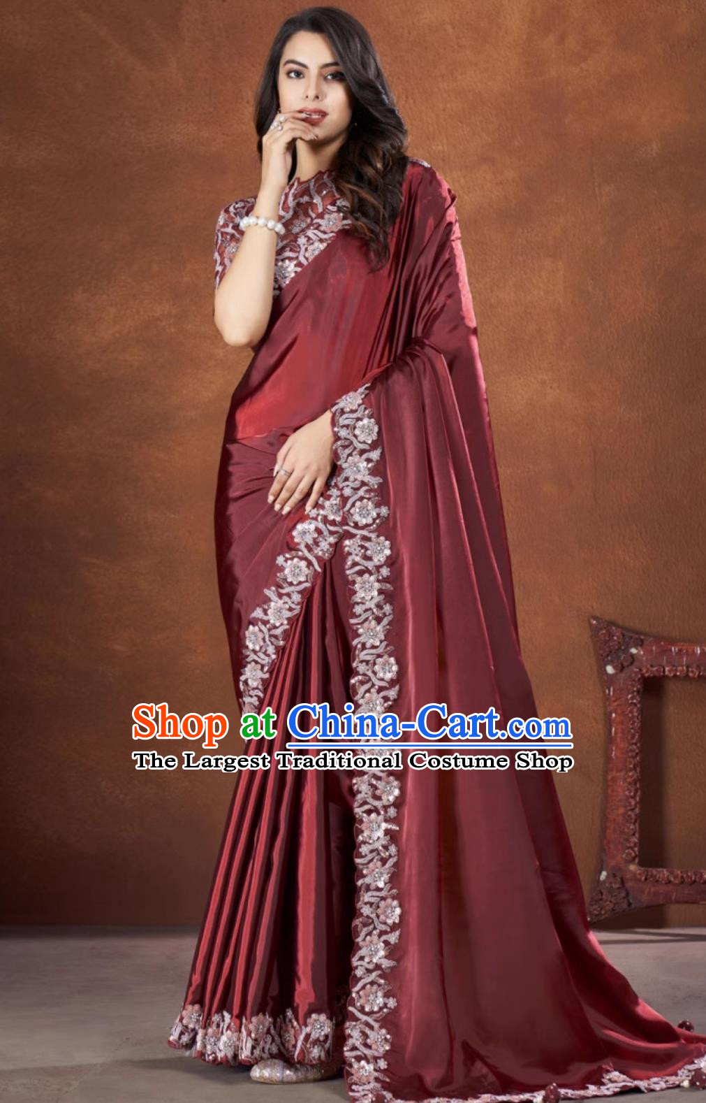 India Festival Sari National Costume Indian Traditional Women Clothing Embroidery Crimson Dress