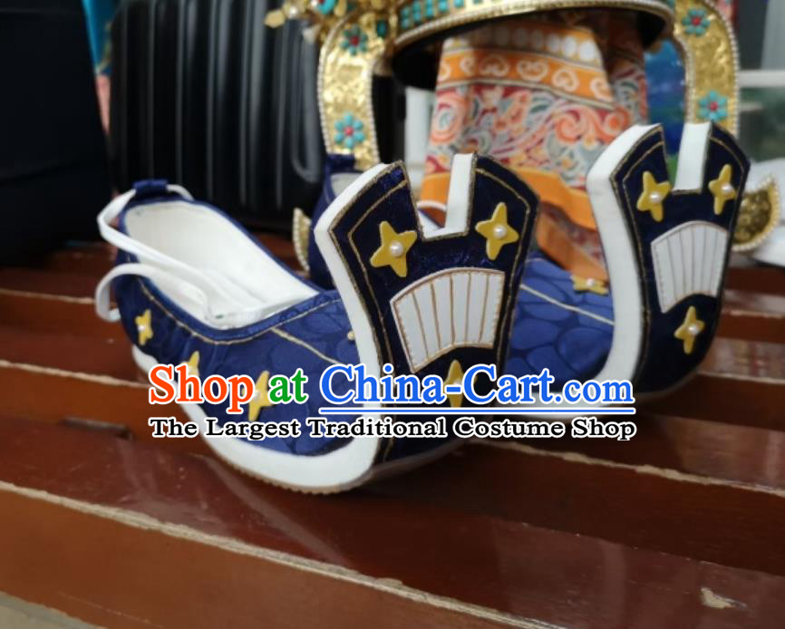 Handmade China Tang Dynasty Curved Toe Shoes Traditional Hanfu Show Shoes Ancient Chinese Princess Blue Shoes