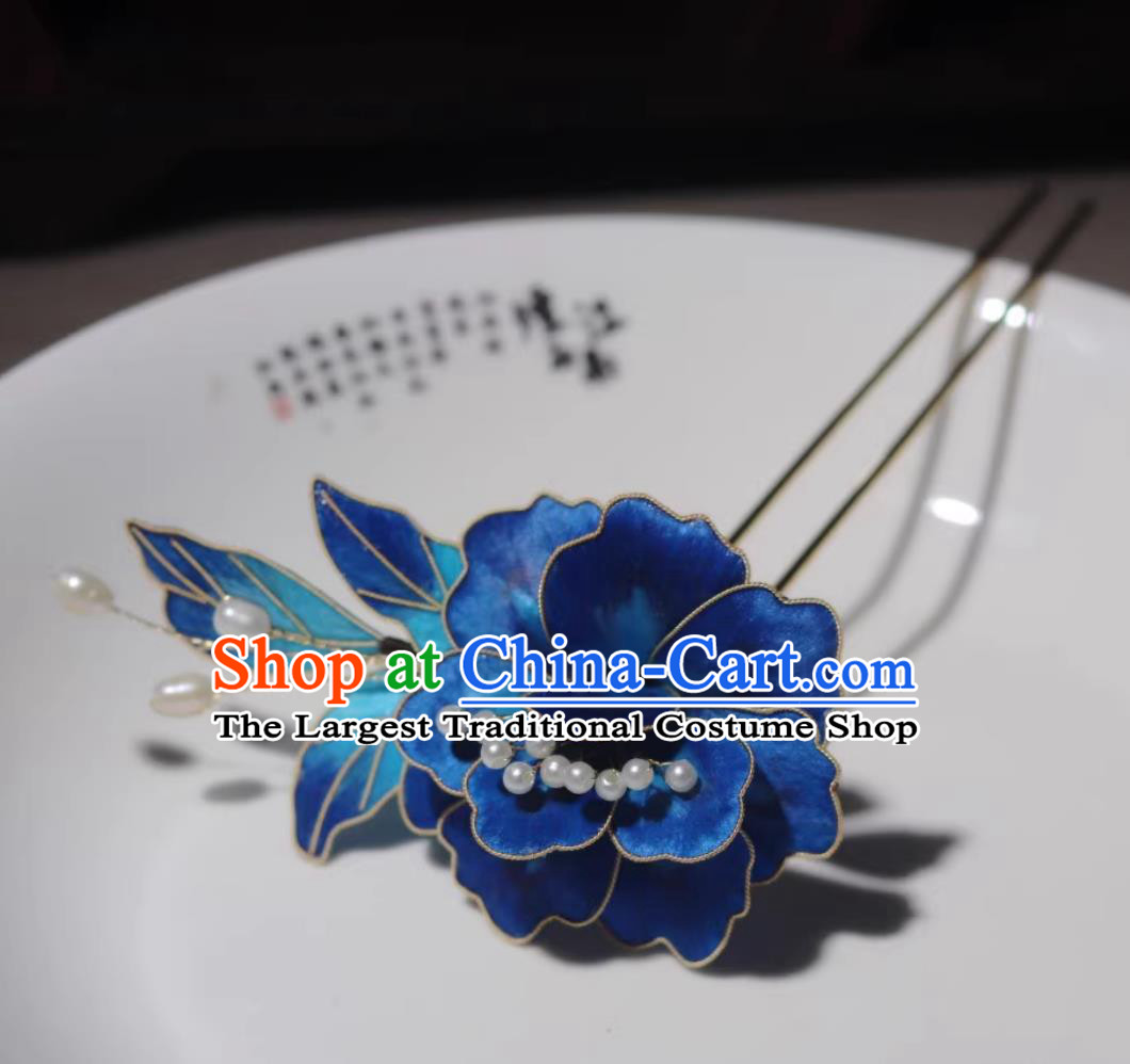 Ancient Chinese Empress Silk Hairpin Handmade China Ming Dynasty Court Woman Royal Blue Peony Hair Clip Traditional Hanfu Hair Jewelry