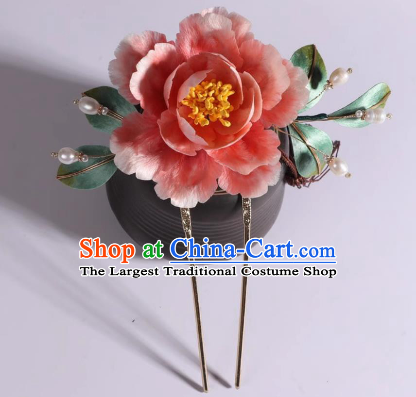 Traditional Hanfu Hair Jewelry Handmade Chinese Silk Peony Hairpin China Qing Dynasty Palace Lady Hair Clip