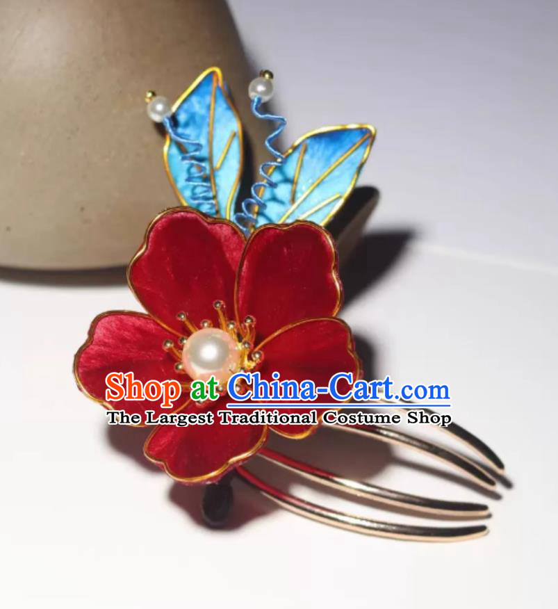 Handmade Hair Jewelry Chinese Cheongsam Red Silk Peach Blossom Hair Comb China Hanfu Hairpin Traditional Intangible Heritage Artwork