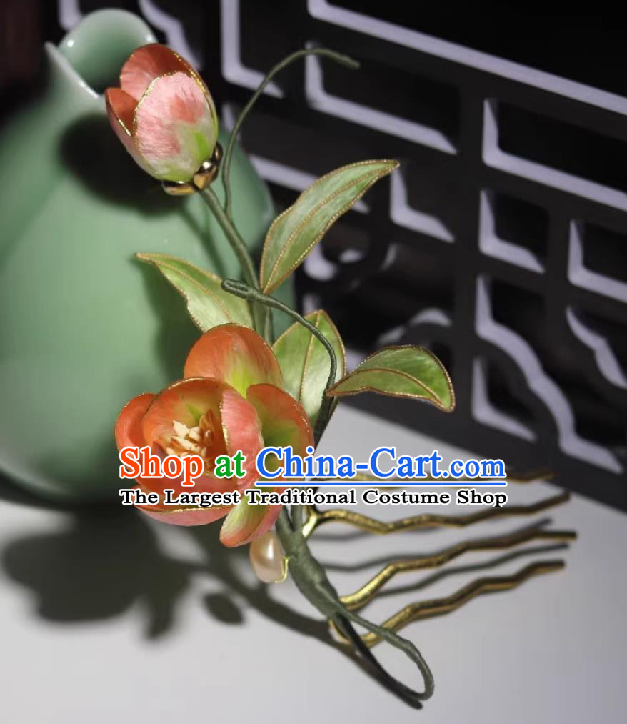 Traditional Intangible Heritage Artwork Handmade Headpiece Chinese Cheongsam Silk Camellia Hair Comb China Hanfu Hairpin