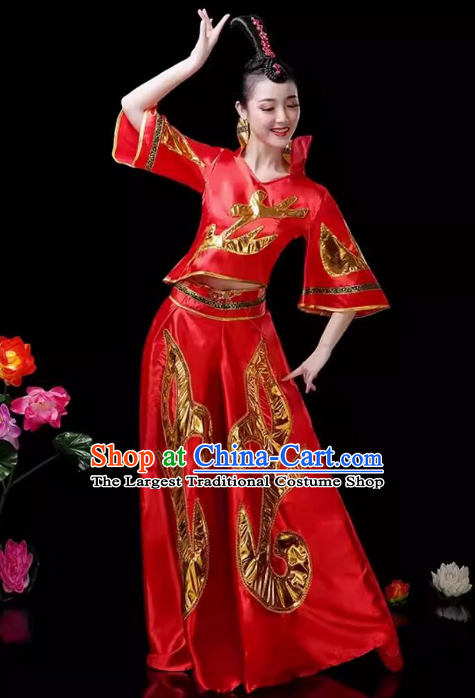 Women Group Yangko Performance Clothing Chinese Folk Dance Costume Traditional Drum Dance Red Outfit