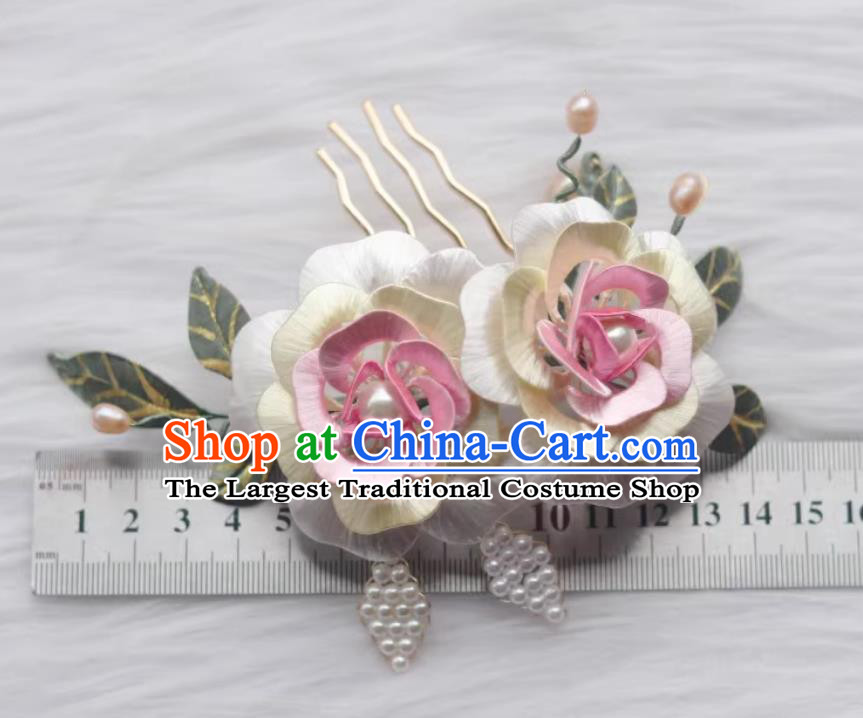 China Hanfu Hair Jewelry Handmade Ancient Princess White Silk Peony Hair Comb Traditional Chinese Tang Dynasty Hairpin