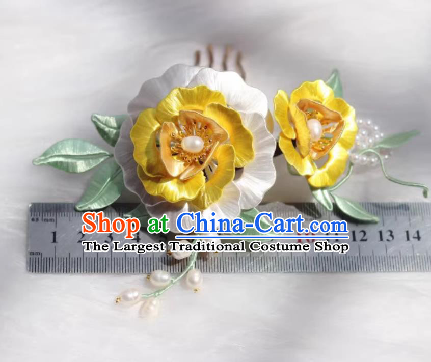 Chinese Tang Dynasty Hairpin Traditional China Hanfu Hair Jewelry Handmade Ancient Princess Yellow Silk Peony Hair Comb