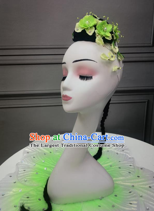 China Classical Dance Headdress Handmade Umbrella Dance Green Jasmine Headpiece Stage Performance Wig