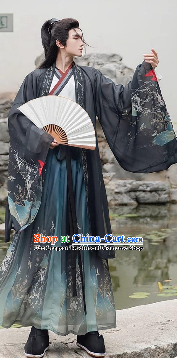 Traditional Men Hanfu Black Outfit Ancient China Wuxia Swordsman Clothing China Travel Photography Jin Dynasty Hero Costume