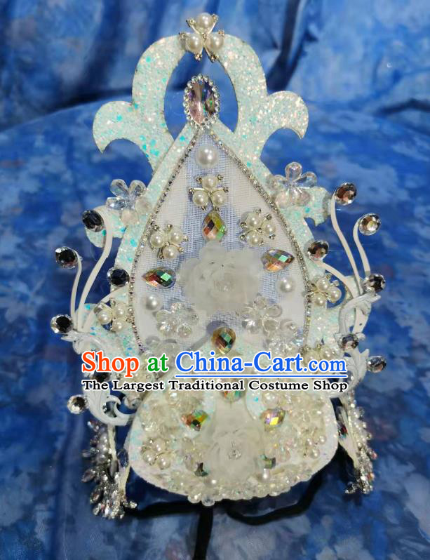 Handmade Modern Dance White Headpiece Chinese Opening Dance Hair Jewelry Top Stage Performance Headwear