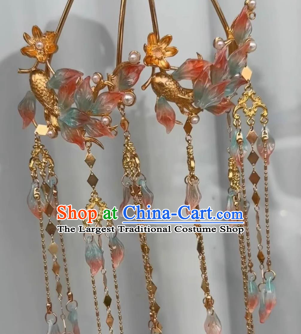 Traditional Ming Dynasty Carp Tassel Hair Clips Chinese Hanfu Hair Jewelries Ancient China Princess Hairpins