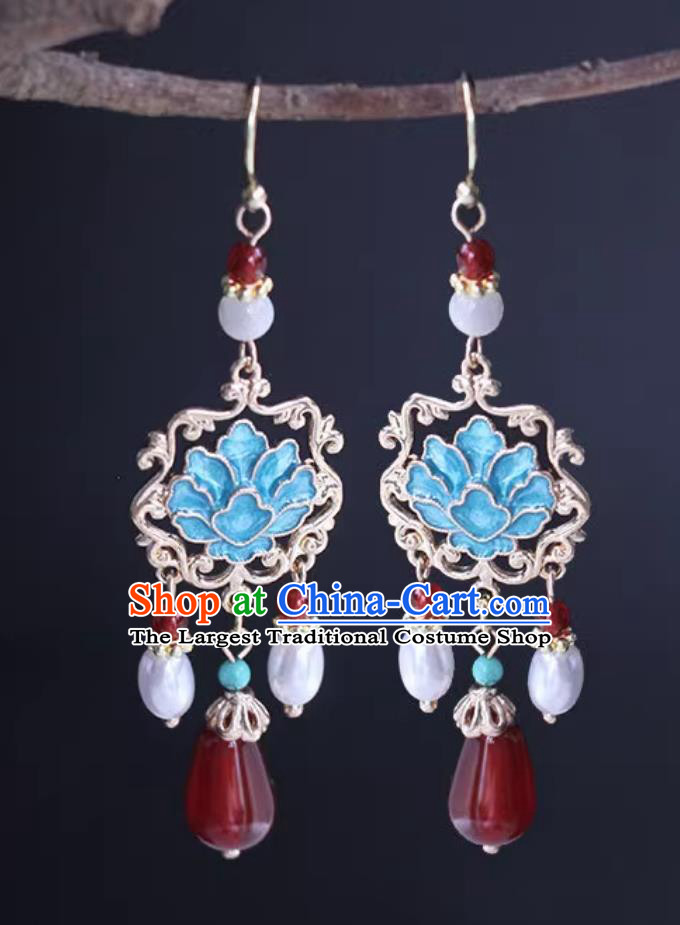 Ancient China Empress Earrings Traditional Ming Dynasty Cloisonn Peony Eardrops Chinese Hanfu Tassel Ear Jewelries