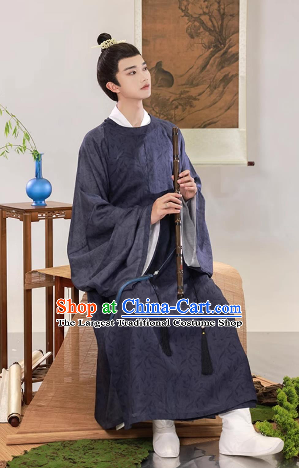 Chinese Song Dynasty Scholar Dark Blue Ramie Long Robe Ancient China Young Childe Clothing Traditional Male Hanfu