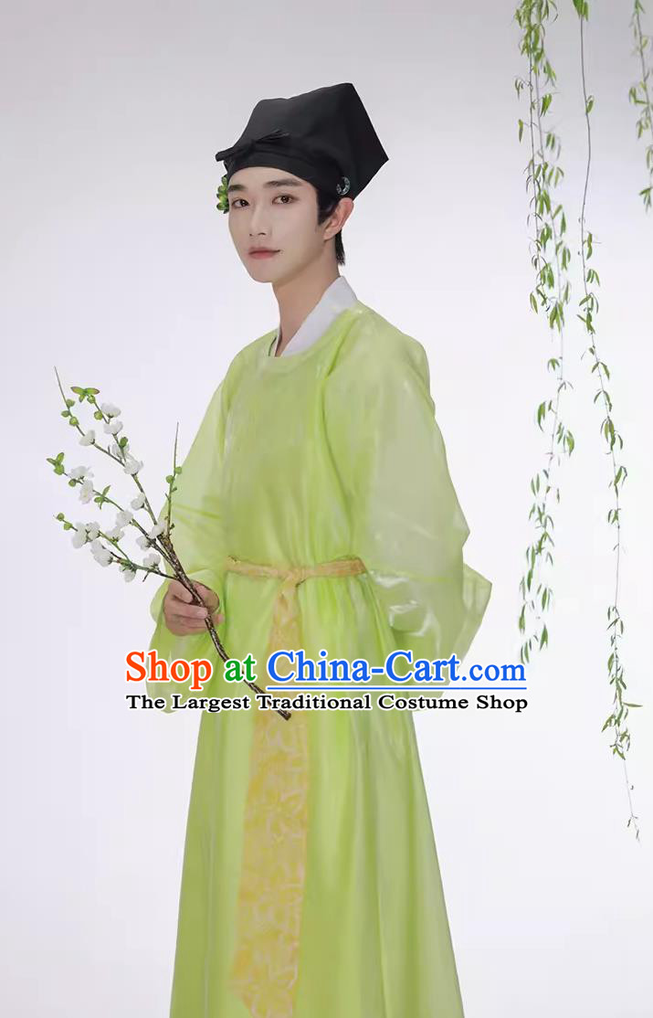 China Traditional Male Hanfu Chinese Song Dynasty Scholar Light Green Robe Ancient China Young Childe Clothing