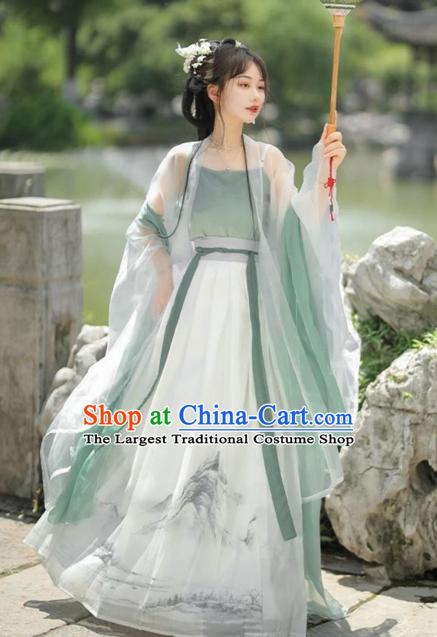 Ancient China Woman Clothing Traditional Hanfu Green Cape and Skirt Chinese Song Dynasty Young Lady Costume