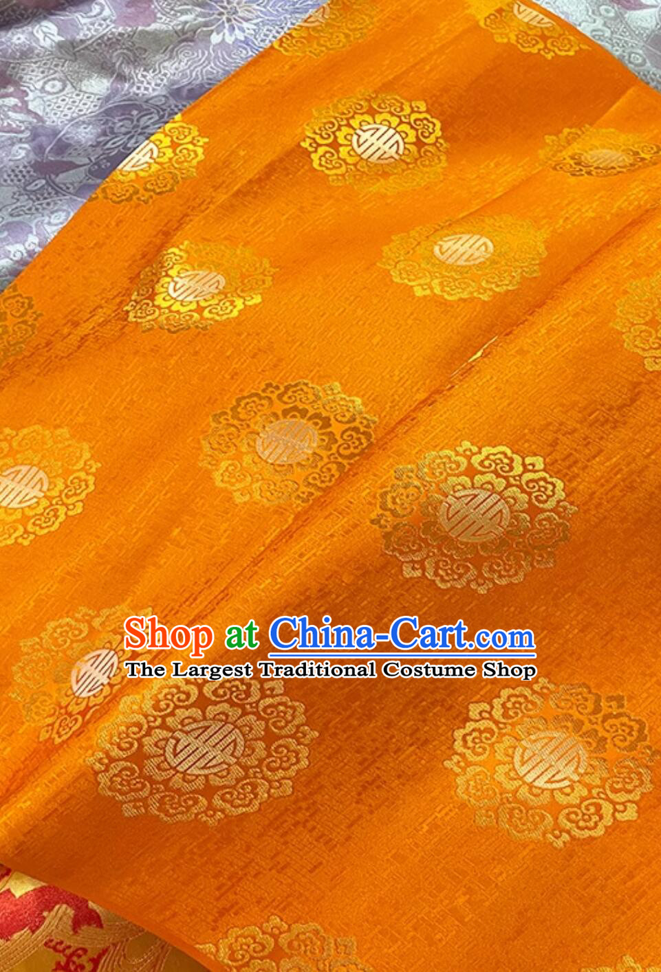 Asian Traditional Satin Material Chinese Royal Lucky Pattern Design Orange Brocade Fabric Tibetan Robe Cloth