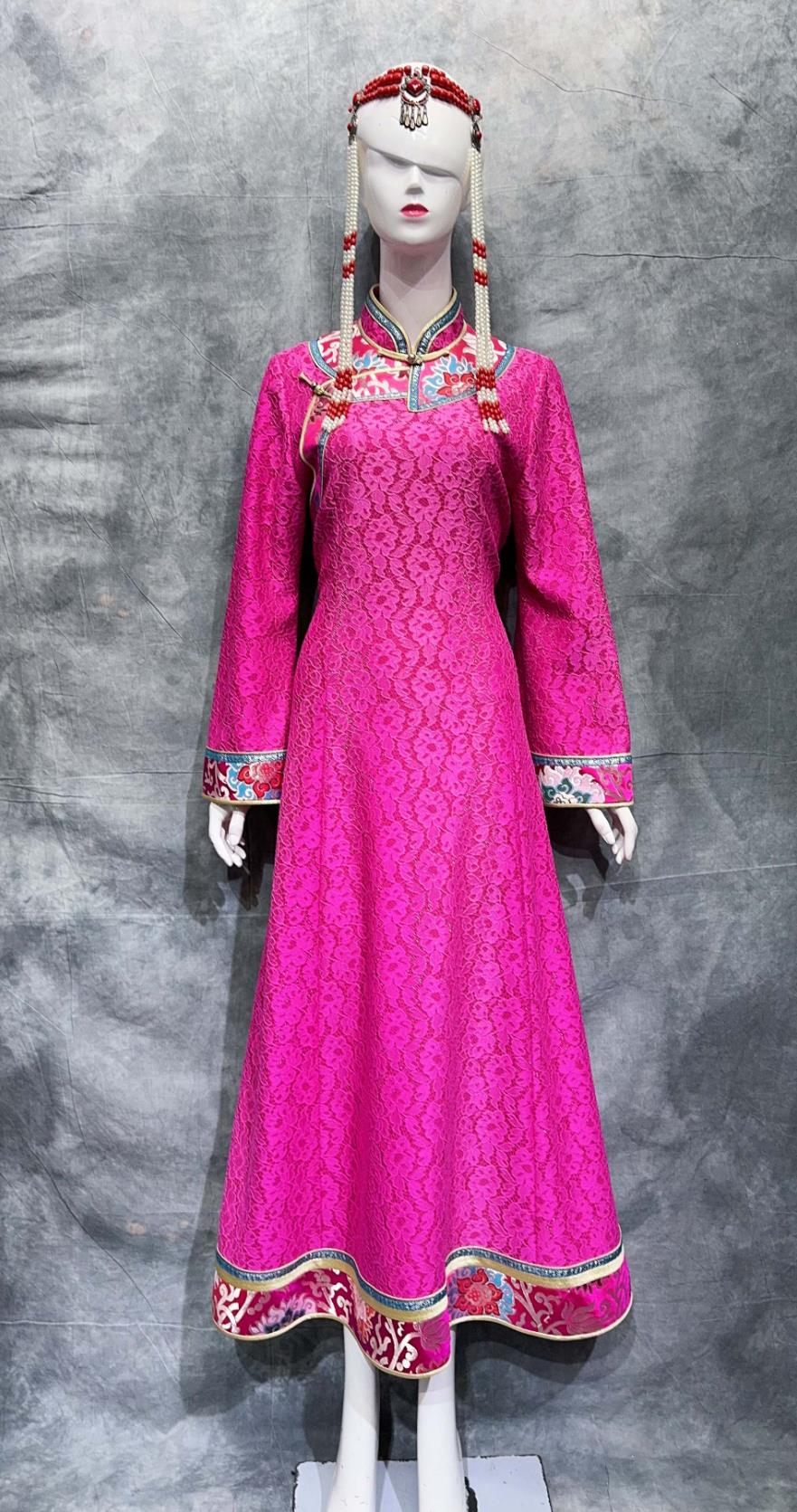 China Daur National Minority Pink Dress Stage Performance Costume Chinese Dahur Ethnic Clothing