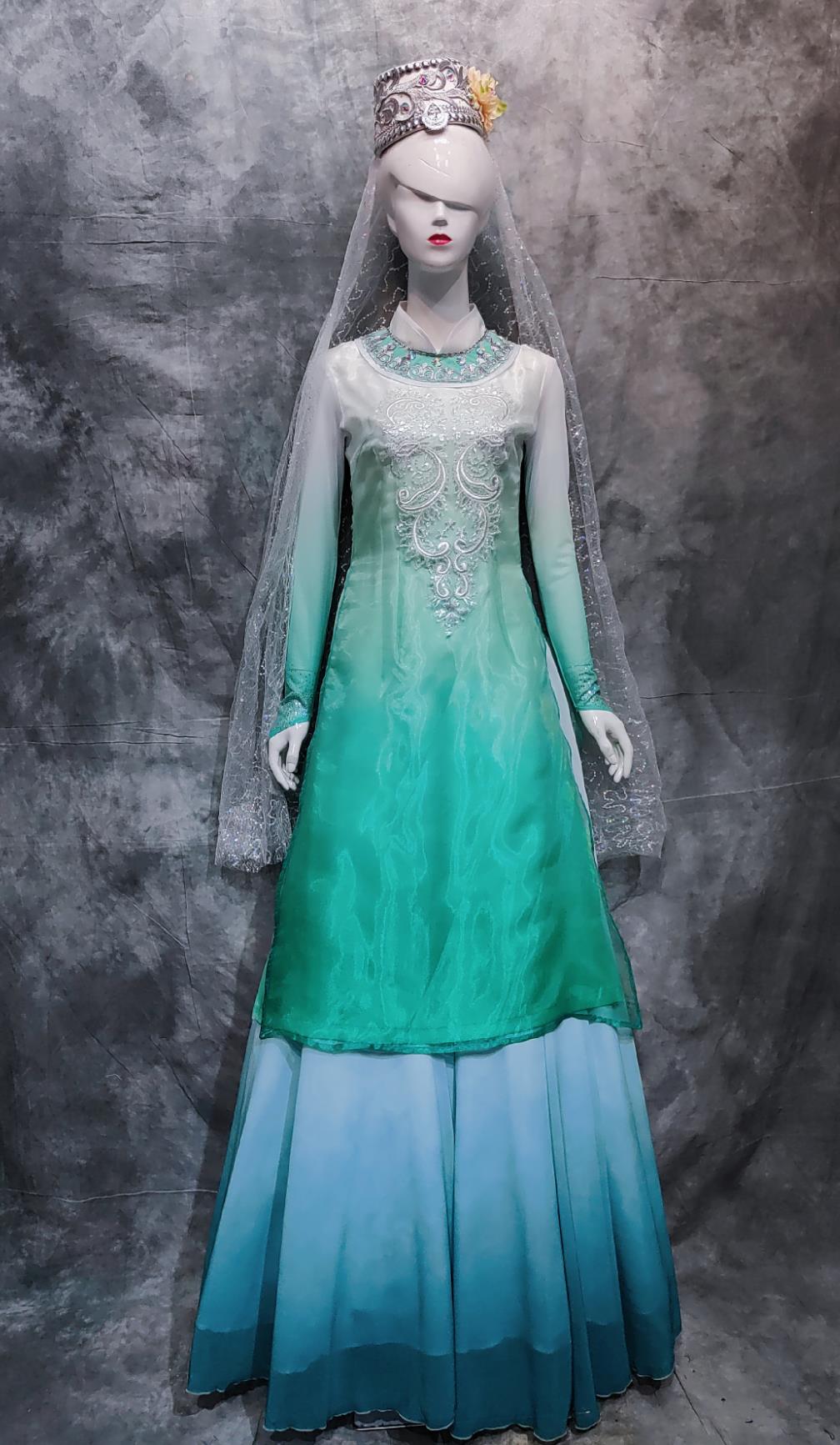 Chinese Ningxia Folk Dance Costume China Hui Ethnic Woman Clothing National Minority Stage Performance Green Dress