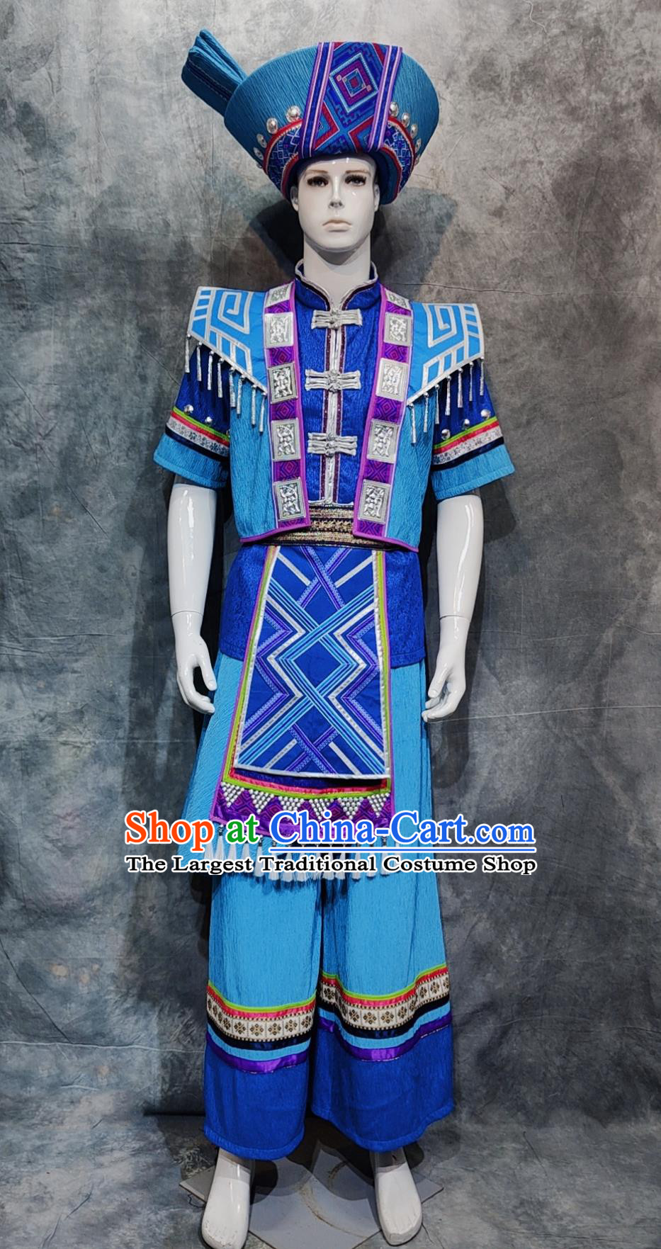 Chinese Kelao National Minority Stage Performance Blue Outfit China Guangxi Folk Dance Costume Gelo Ethnic Male Festival Clothing