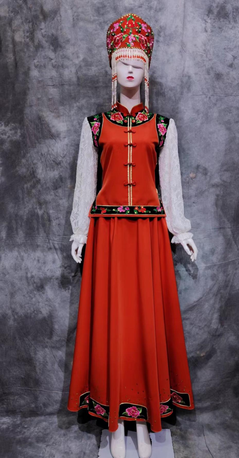 Traditional Chinese Xibe Ethnic Festival Costume China Sibo National Minority Woman Clothing Xinjiang Belem Dance Red Dress