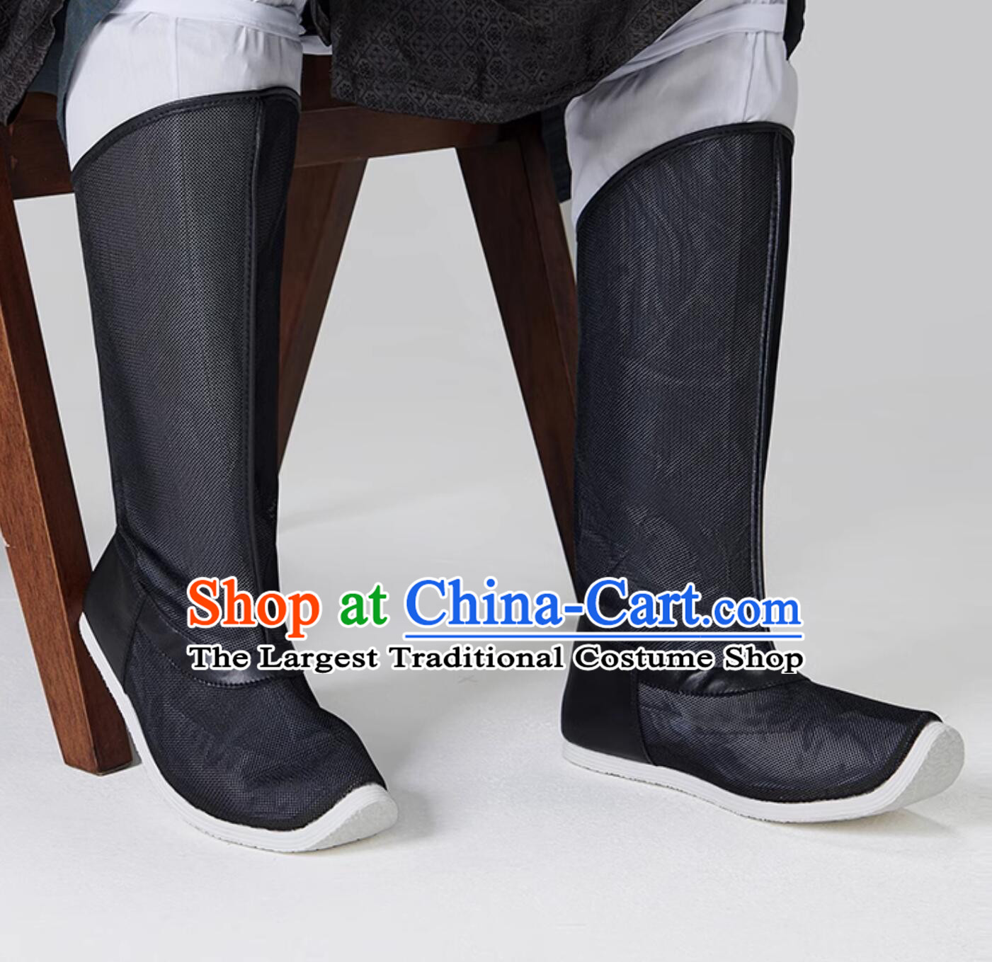 Chinese Traditional Hanfu Shoes Ancient China Ming Dynasty Swordsman Black Boots Handmade Mesh Cloth Boots