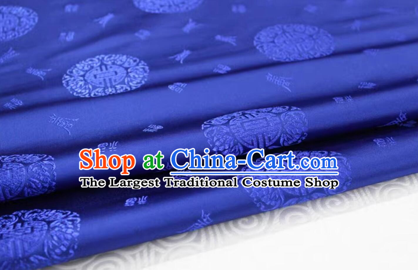 Chinese Classical Longevity Pattern Design Royal Blue Brocade Fabric Traditional Tang Suit Satin Drapery Silk Material