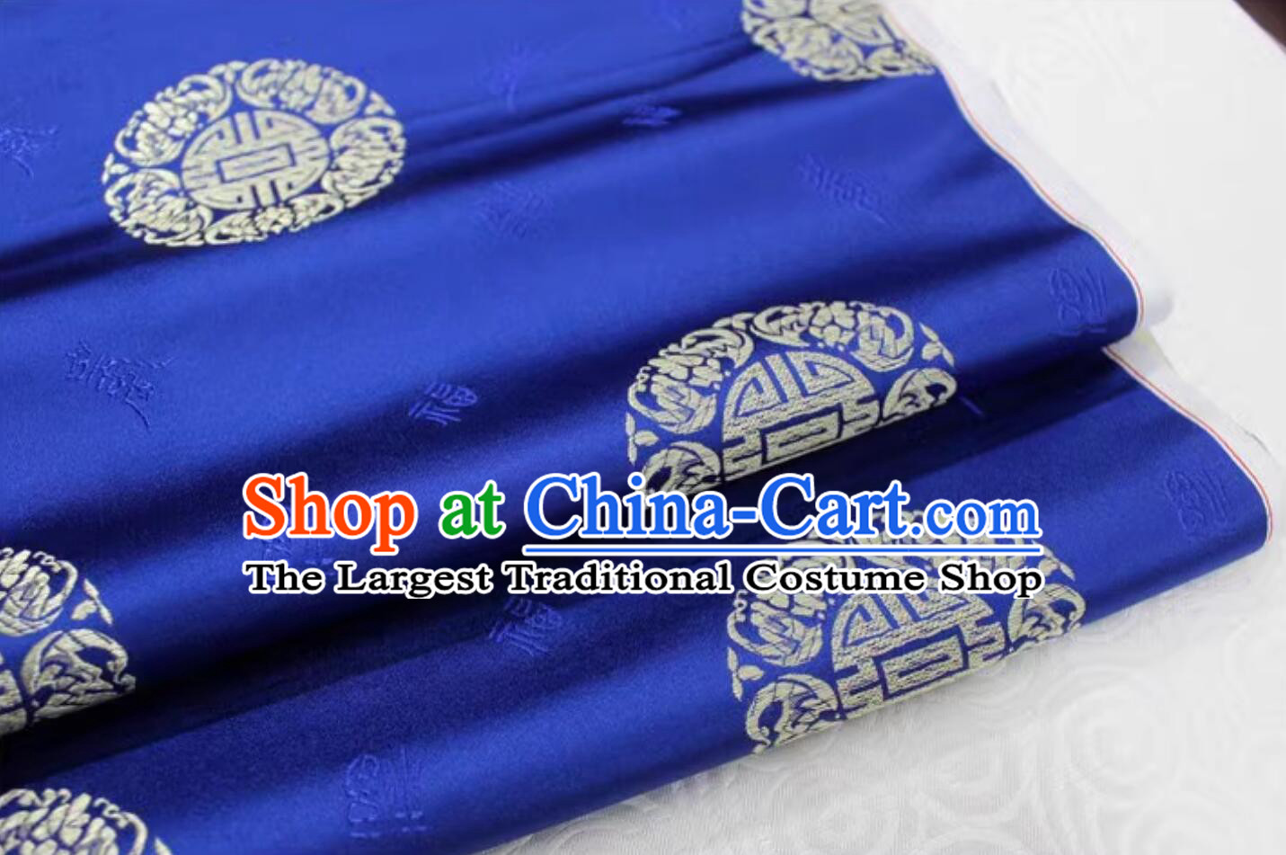 China Cloth Material Classical Longevity Pattern Design Royal Blue Brocade Fabric Chinese Traditional Tang Suit Satin Drapery