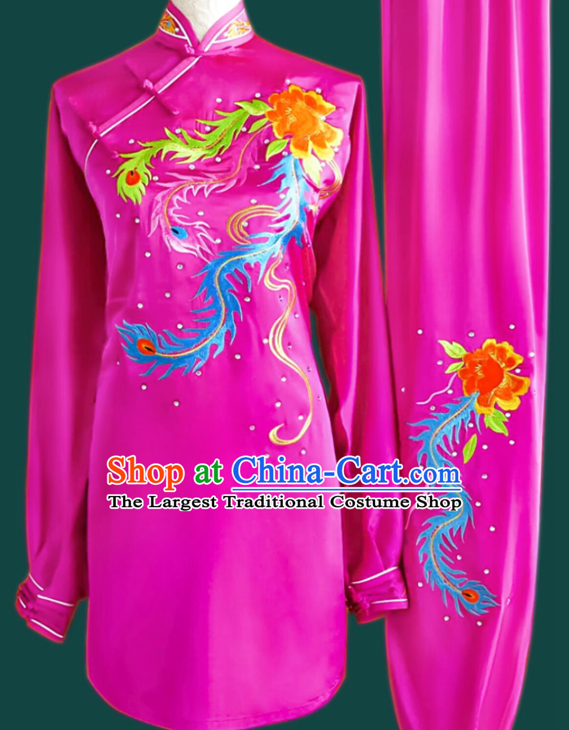 Rosy Embroidered Phoenix Tai Chi Suit Chinese Kung Fu Taiji Costume Top Pure Silk Wushu Uniform