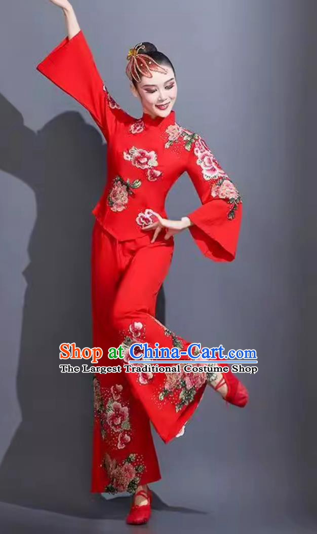 Chinese Yangko Dance Costume Women Group Fan Performance Red Outfit China Folk Dance Yangge Clothing