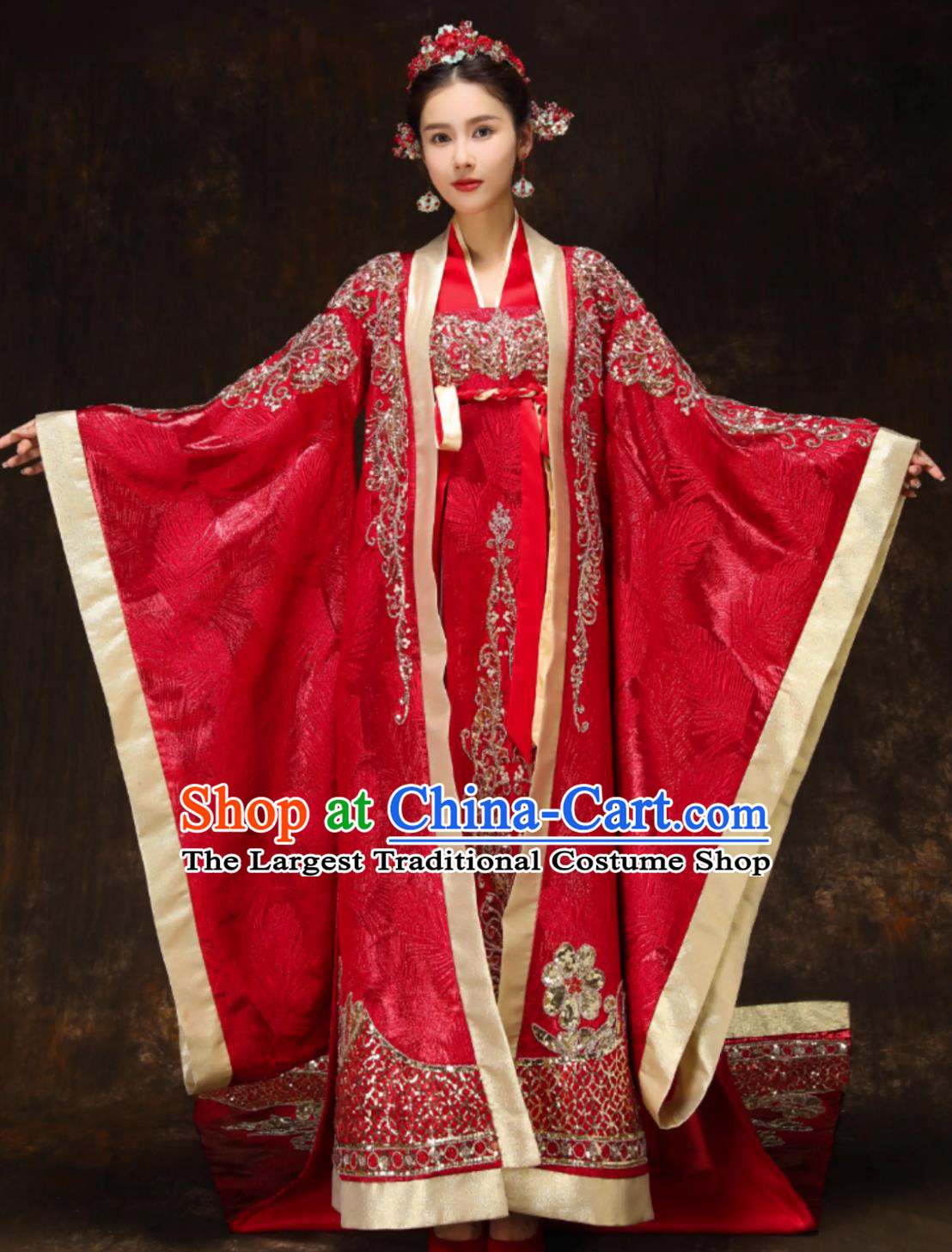 China Ancient Bride Embroidered Costume Chinese Tang Dynasty Hanfu Red Trailing Clothing Traditional Empress Wedding Dress